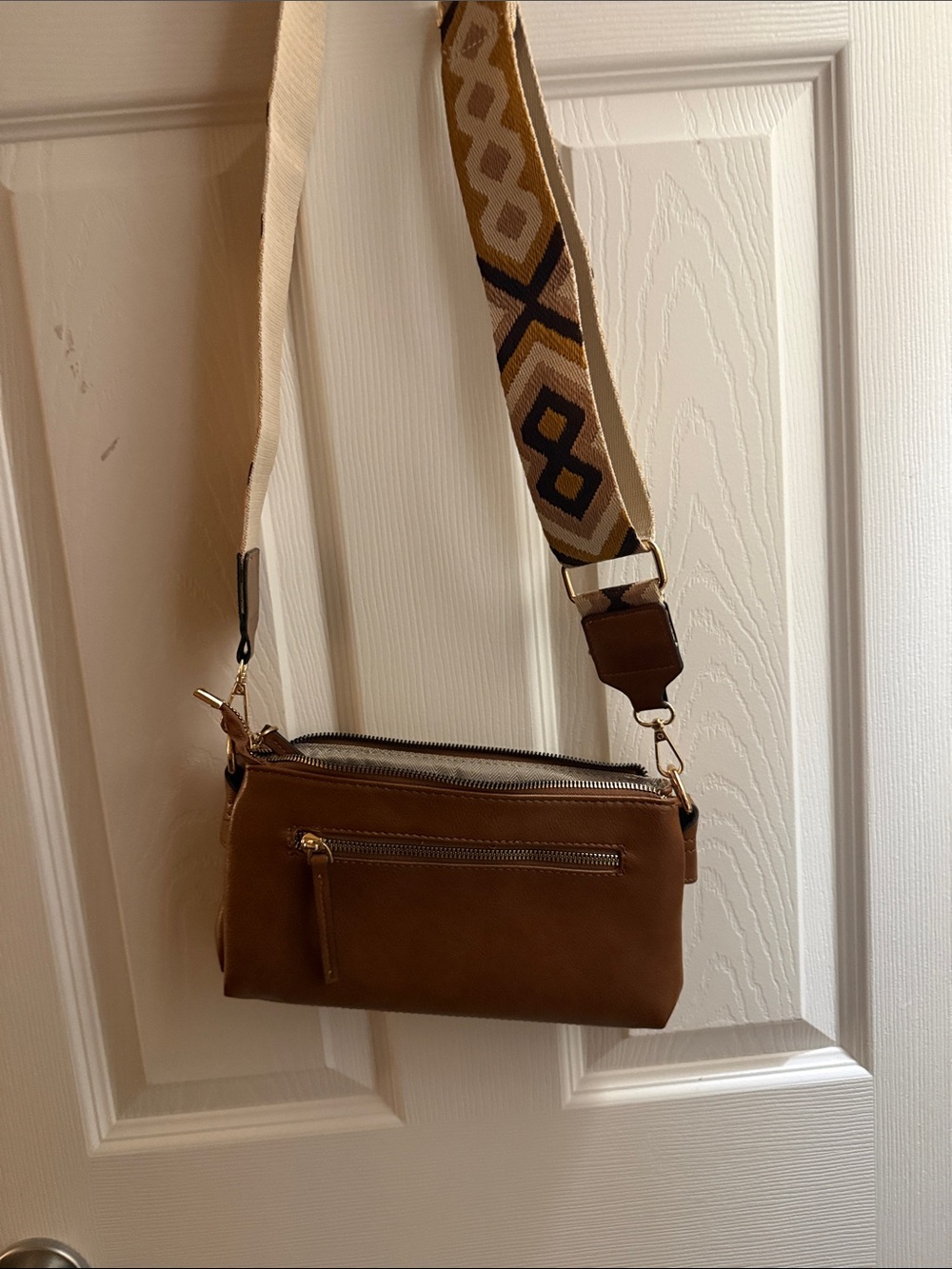 Brown Crossbody Bag with Patterned Strap - Women's Crossbody